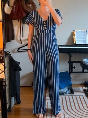 Navy and White Striped Jumpsuit